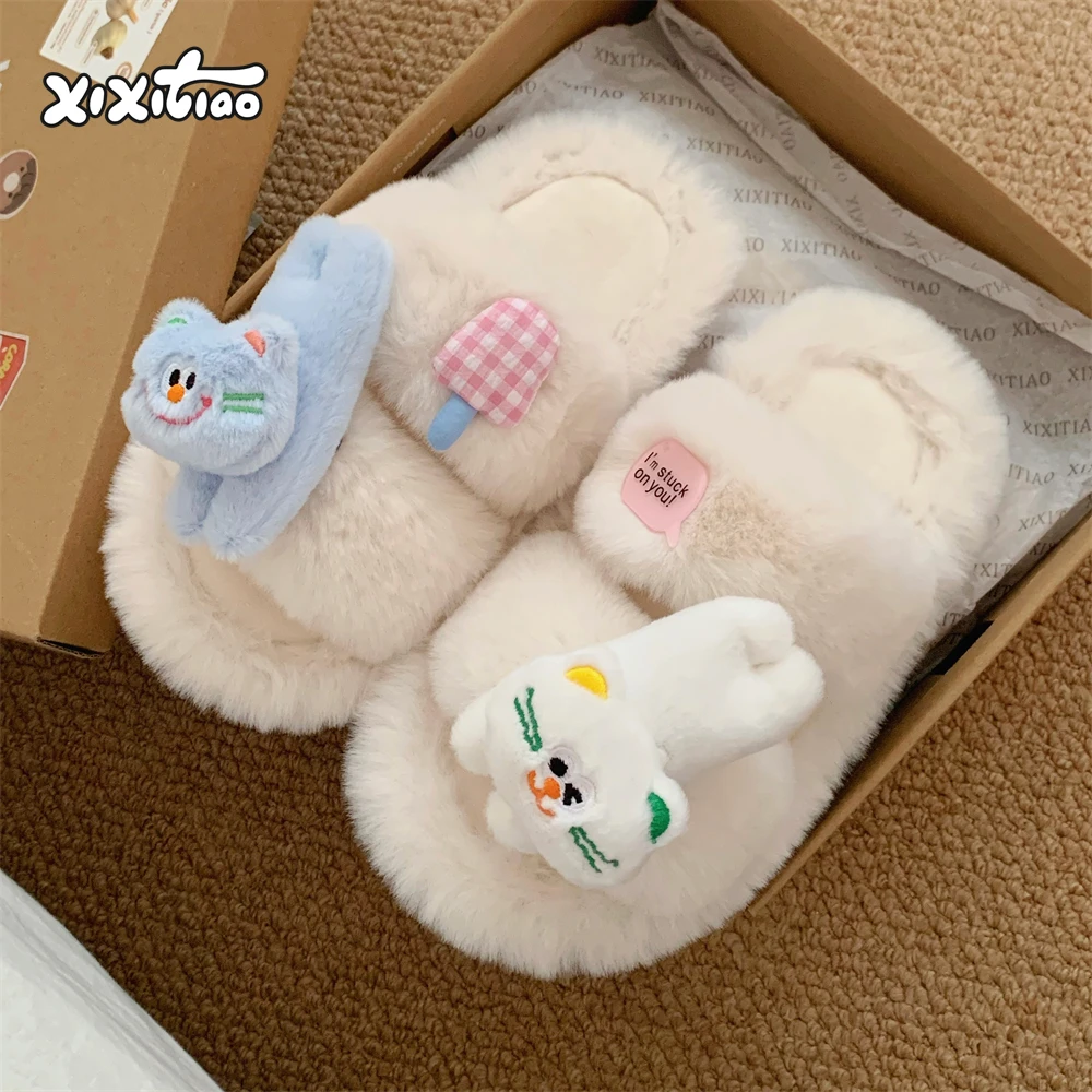 细细条 冬季可爱毛毛拖鞋女家居室内趣味蓝白小猫外穿二字棉拖鞋