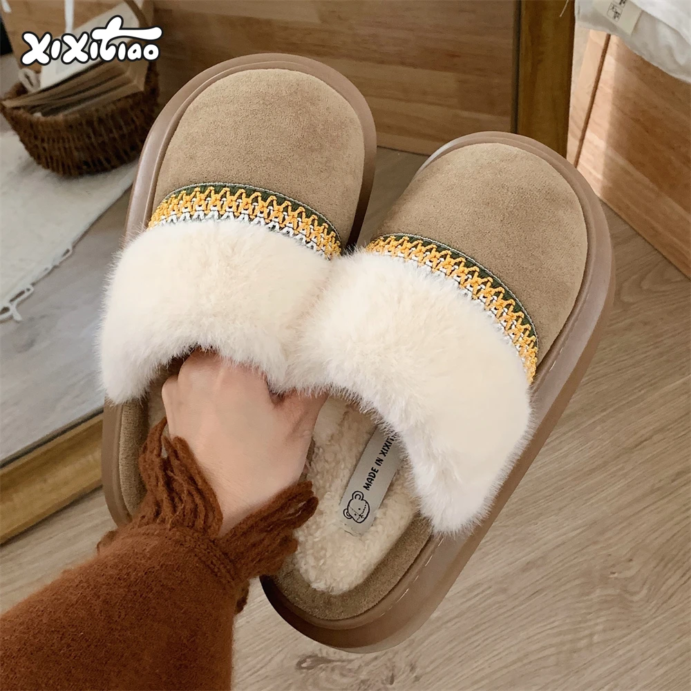 细细条 冬季女士复古民族风棉拖鞋室内外软底防滑加绒保暖月子鞋