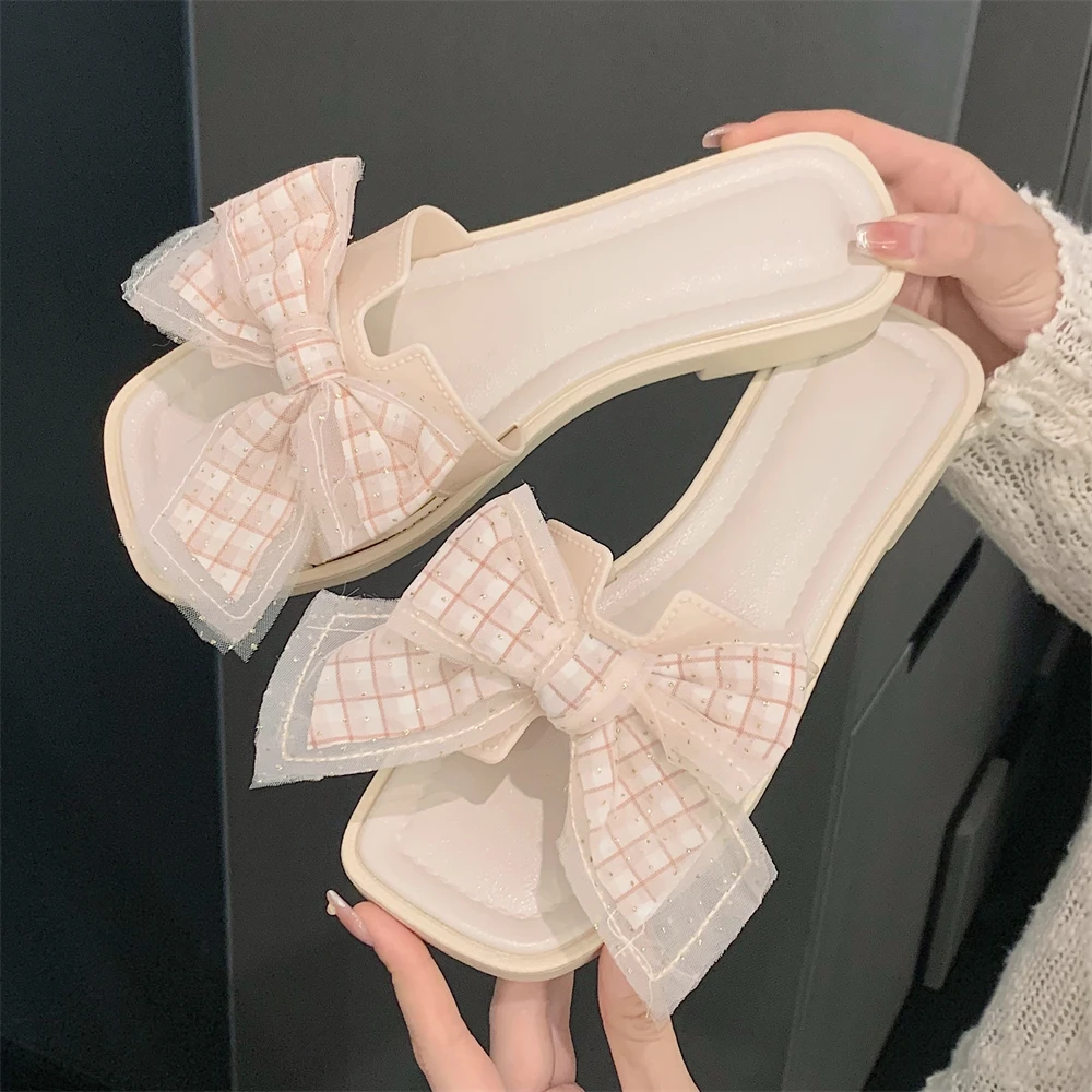 细细条 仙女风格子蝴蝶结女一字拖鞋夏季韩版ins甜美时尚沙滩凉拖