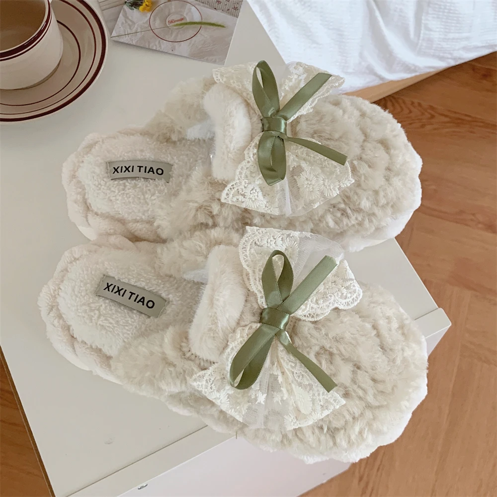 细细条 冬季保暖防滑居家用棉拖鞋少女心甜美蝴蝶结毛绒月子鞋女