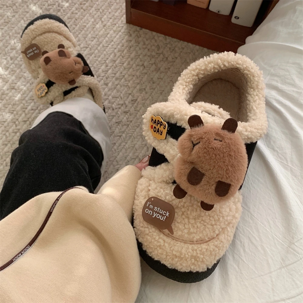 细细条 卡皮巴拉水豚魔术贴棉鞋冬女外穿百搭保暖软萌可爱豆豆鞋