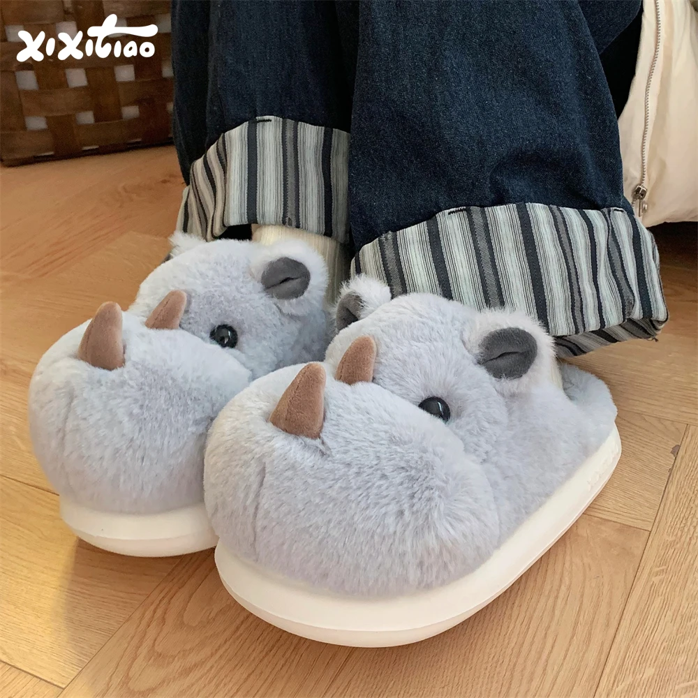 细细条 情侣可爱犀牛棉拖鞋男女冬季家居保暖立体卡通新款毛毛鞋