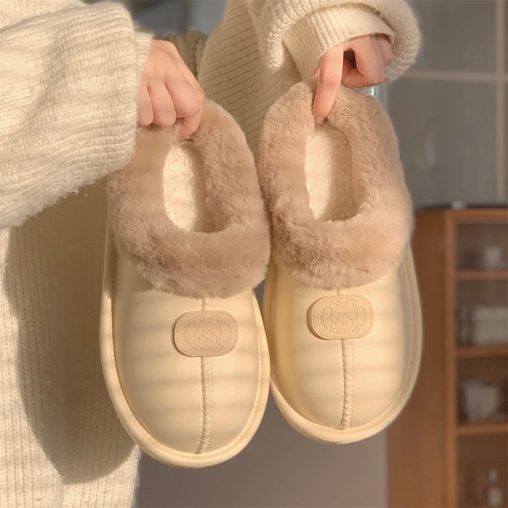 细细条 情侣简约卡通小熊防水棉拖鞋冬季保暖防滑男女家居月子鞋