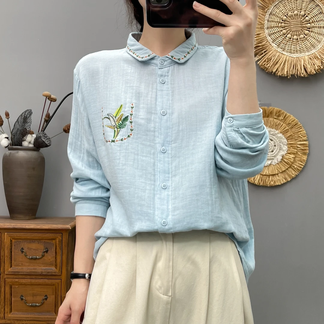 2815彩扣圆领衬衫女小清新秋款棉纱柔软长袖宽松甜美纯棉衬衣女