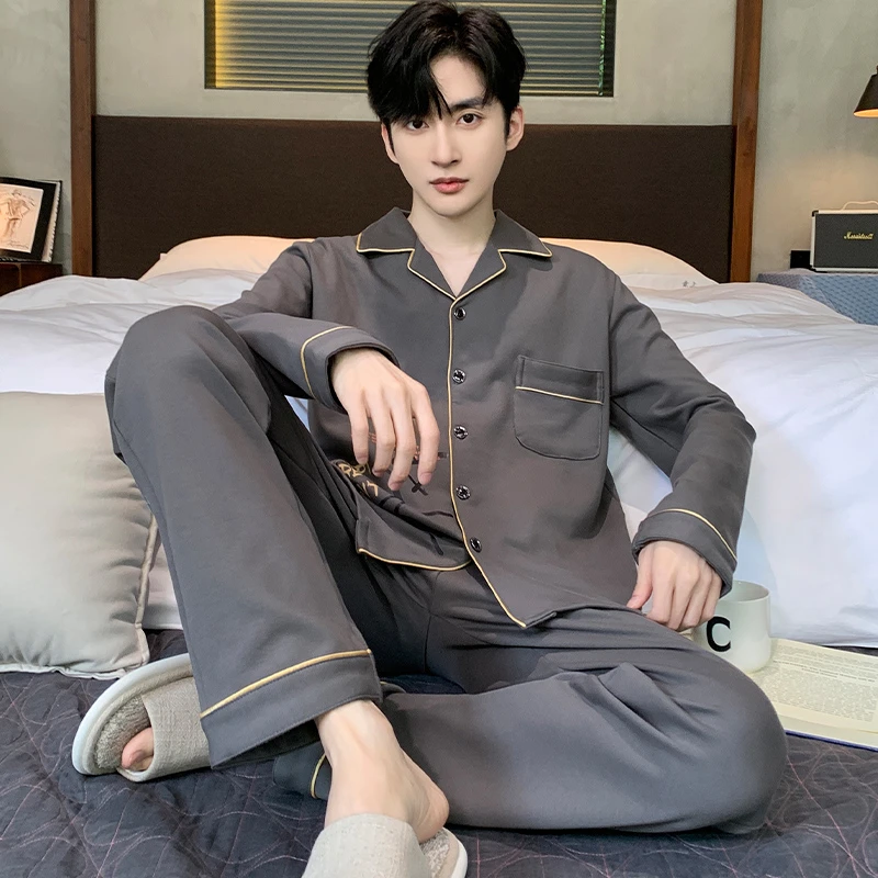 100%纯棉男士睡衣2023新款秋冬季男款长袖青少年可外穿家居服套装
