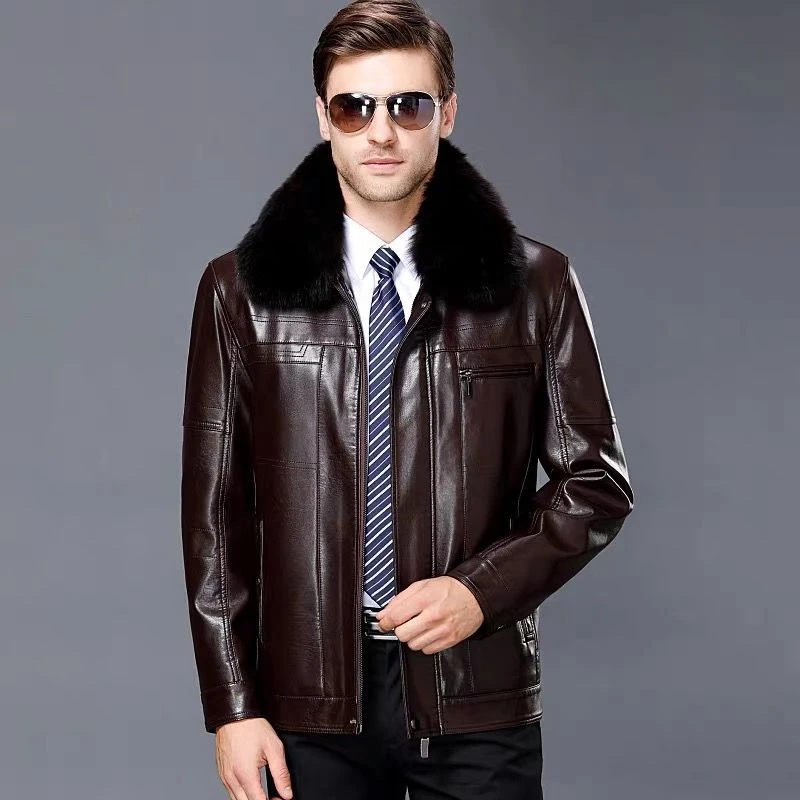 冬季中老年真皮皮衣男中年爸爸毛领夹克加加厚男士短款翻领外套