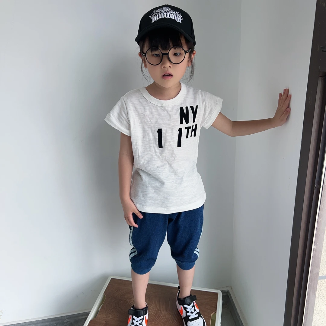 24夏季男童女童短袖T恤字母植绒印花圆领短袖休闲百搭儿童短袖T恤
