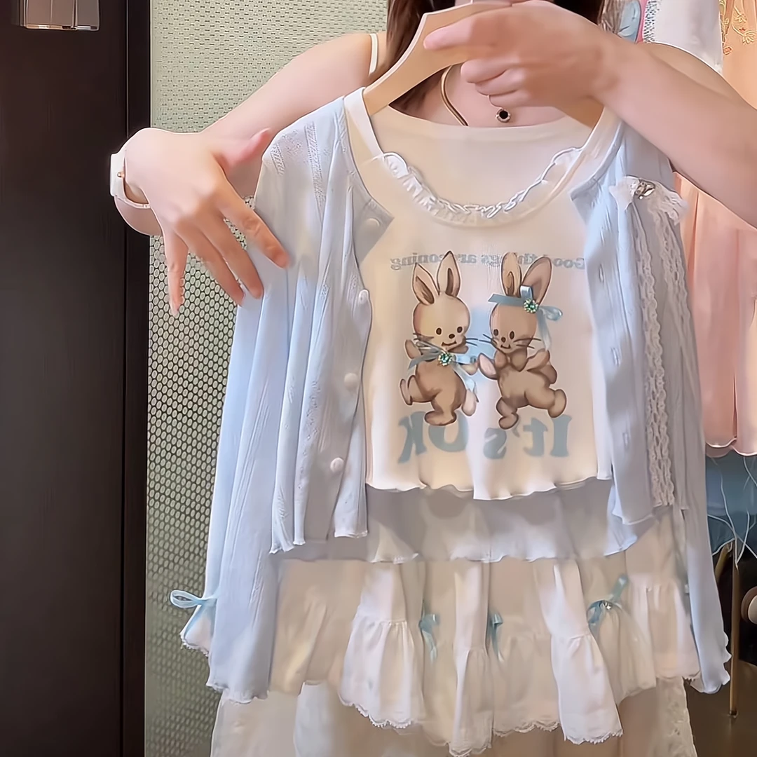 女童薄款小兔套装2024夏季新款气质背心开衫女孩半身裙防晒三件套
