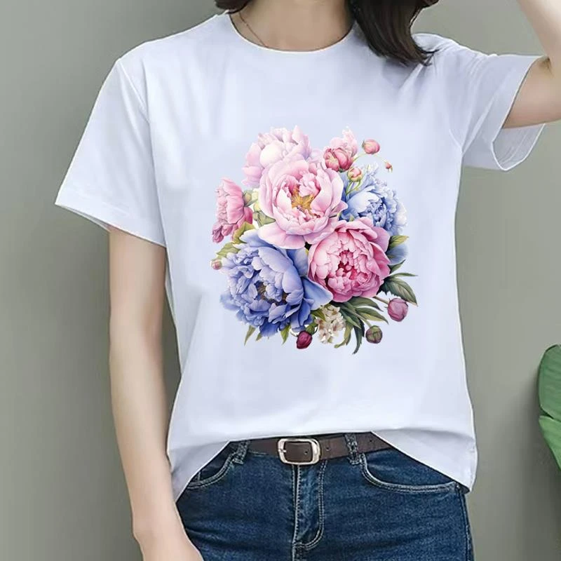 通勤花朵流行时尚女士爆款休闲ins洋气印花圆领韩版上衣短袖T恤