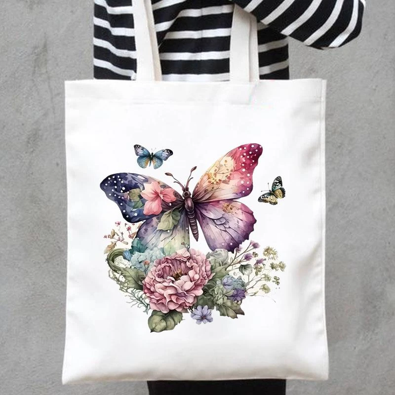 蝴蝶花朵休闲帆布包字母ins网红手提包女单肩包手提袋环保帆布袋