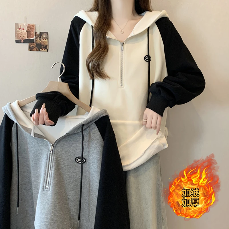 大码女装胖mm字母绣花休闲连帽加绒加厚卫衣