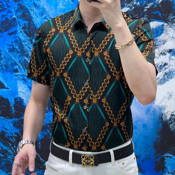 【桑蚕丝】真丝夏季男士轻奢时尚休闲高端短袖衬衫绸缎男款