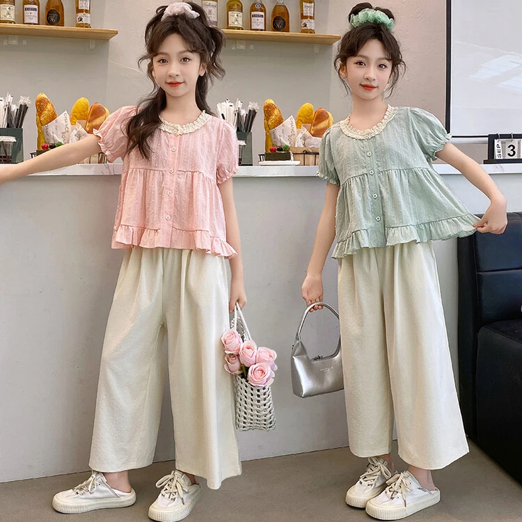 女童夏款气质娃娃衫拼接蕾丝花边套装