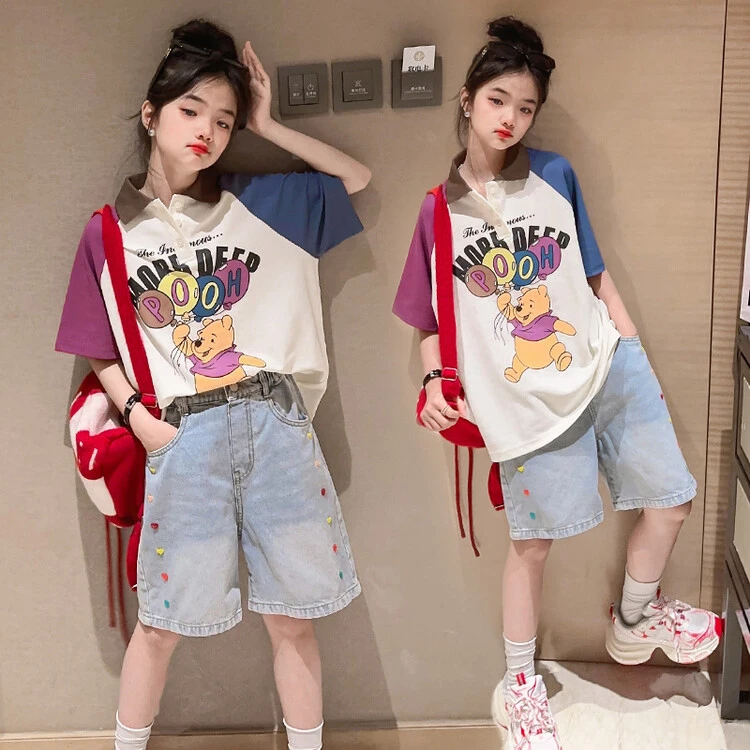 女童中大童夏款时髦卡通牛仔短裤小熊套装