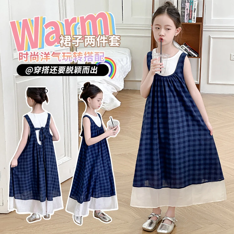 女童中大童夏款裙子背心裙真两件套