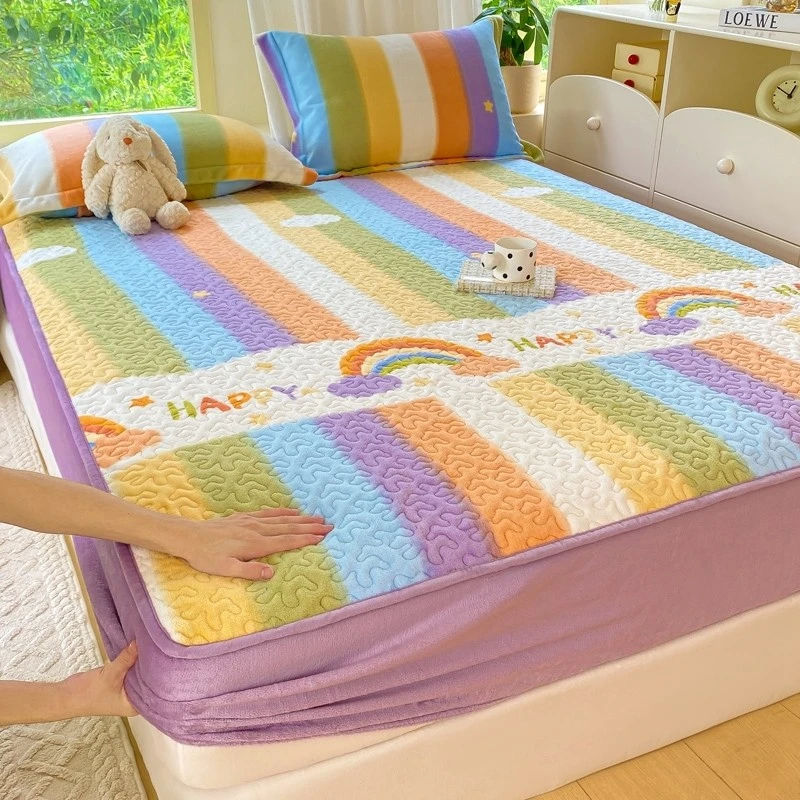 卡通印花牛奶绒夹棉床笠单件冬珊瑚绒床单床罩加厚学生宿舍床单套