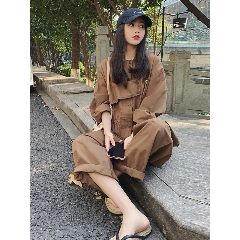 咖色工装连体裤女小个子春秋2025新款设计感减龄休闲显瘦连衣长裤