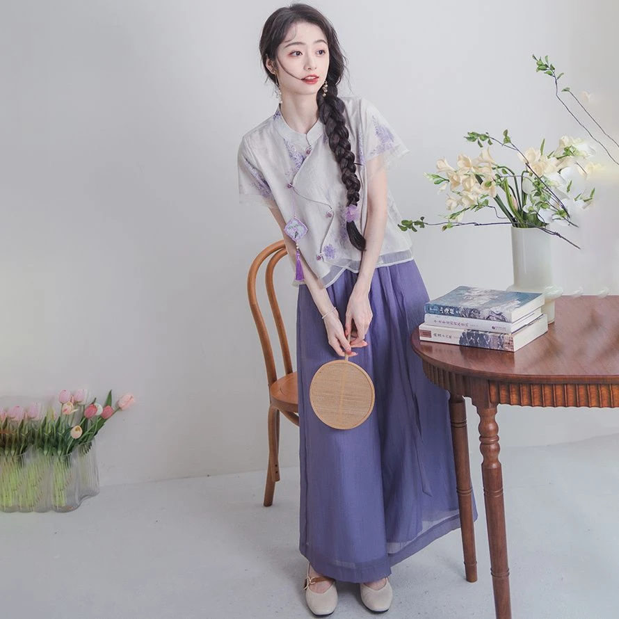 2025改良旗袍式日常少女俏皮新中式上衣紫色阔腿裤两件套装