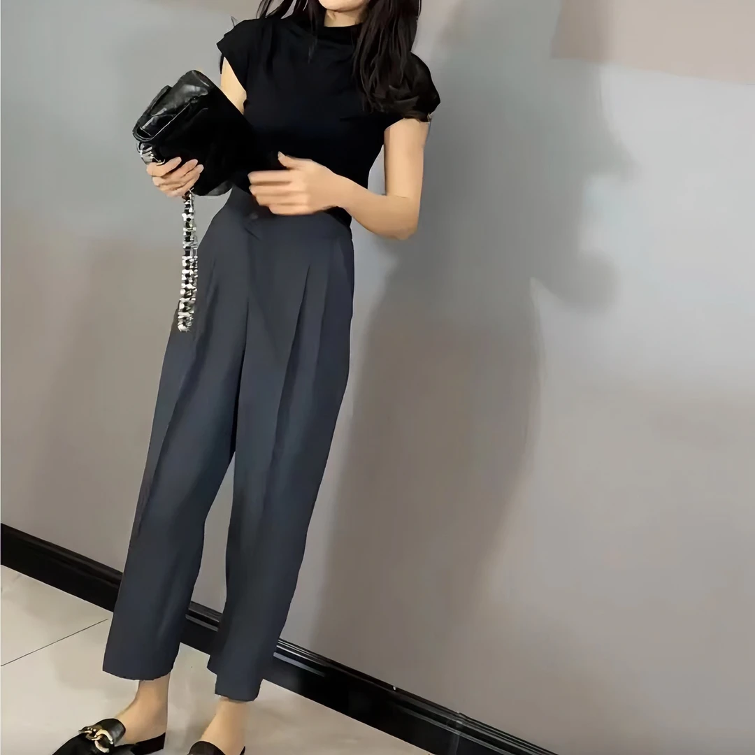 大码胖MM遮胯显瘦百搭西装裤女春季高腰垂感阔腿直筒裤烟管九分裤