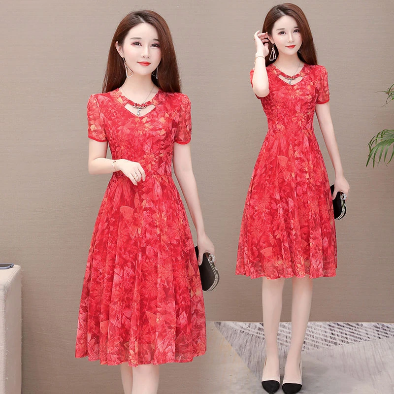 网纱中长款连衣裙2025夏季新款中年妈妈裙印花修身显瘦收腰裙子女