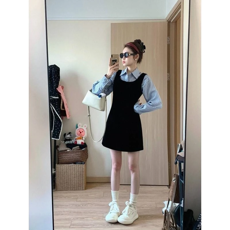 黑色吊带连衣裙子女法式时尚洋气叠穿条纹衬衫短裙套装针织冬