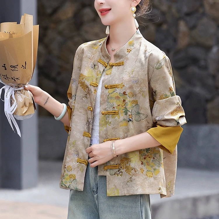 春秋新款新中式国风短款外套女复古小个子宽松盘扣气质上衣开衫