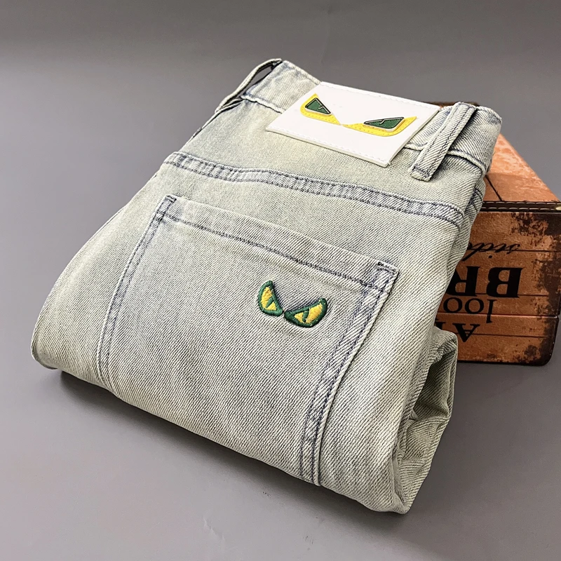 费韦戈摩高端复古水洗浅色刺绣牛仔裤男士秋冬新款潮牌弹力修身裤