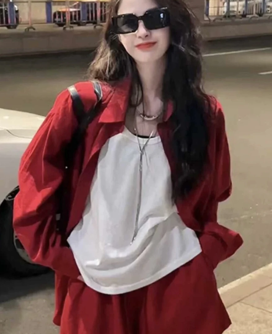 春秋今年流行翻领长袖衬衫运动风阔腿短裤三件套 4128