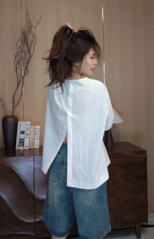 夏季薄款设计感露背开叉宽松百搭遮肉上衣 1001