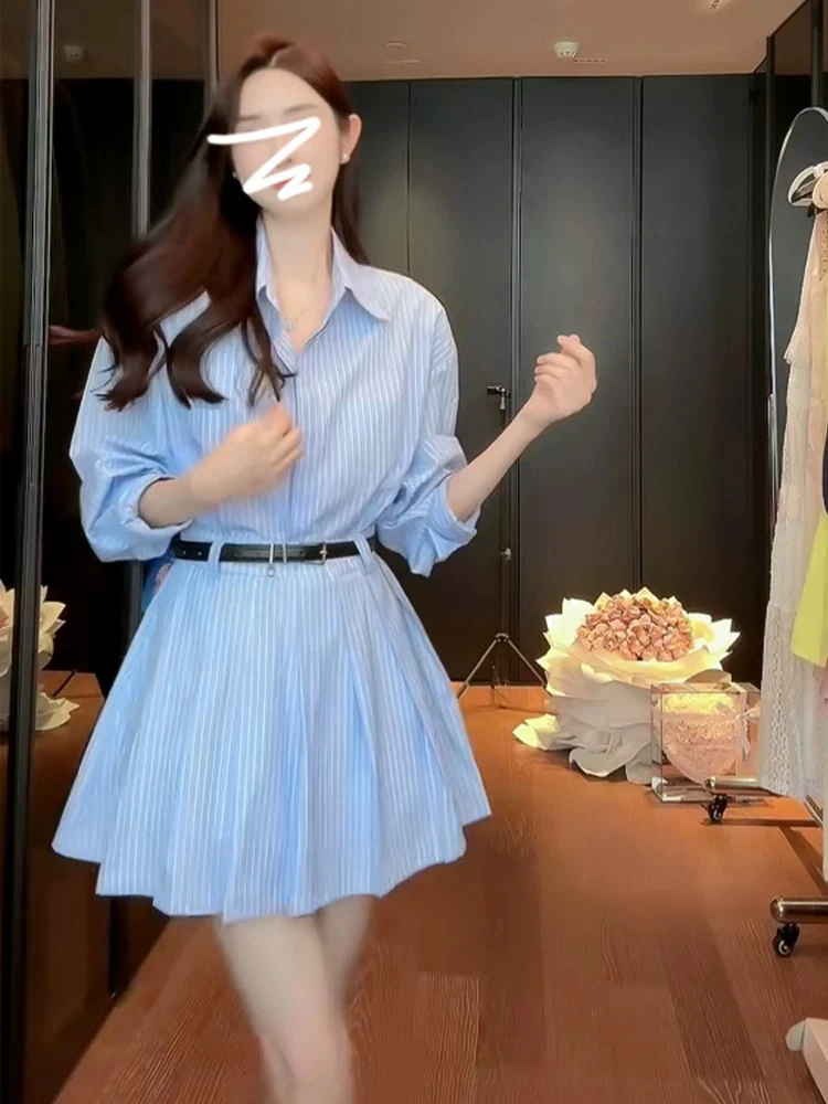 韩系气质蓝色条纹长袖衬衫女2024秋冬新款高腰百褶连衣裙 9593