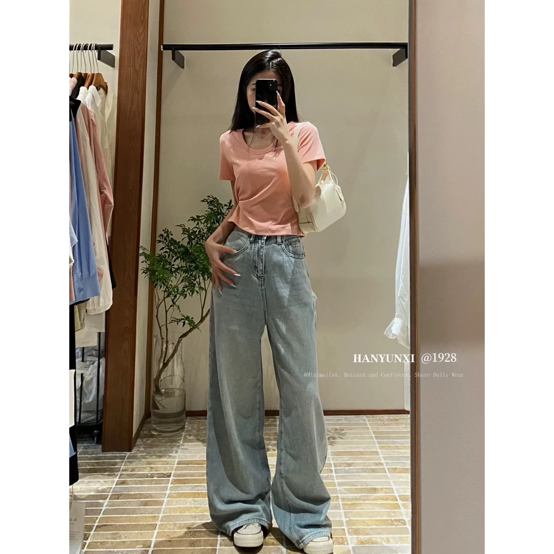 净面U领显瘦t恤露腰设计修身小短T恤 1928