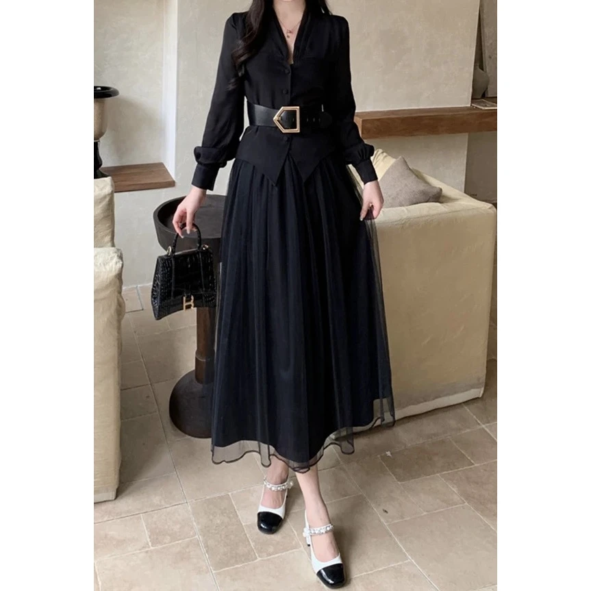 新款2024赫本风灯笼袖上衣网纱拼接半身裙两件套 24590