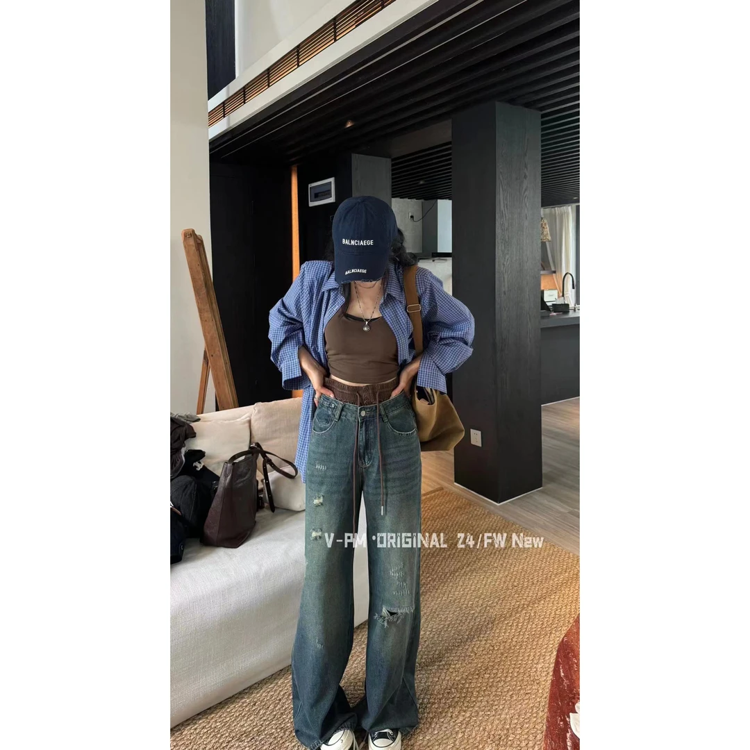 时髦破洞牛仔裤女2023秋韩版高腰显瘦百搭阔腿裤 805