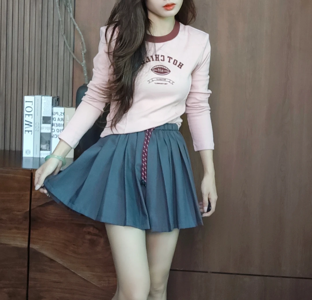 水立坊长袖t恤女印花短款宽松高腰打底衫早秋外穿圆领上衣 3801