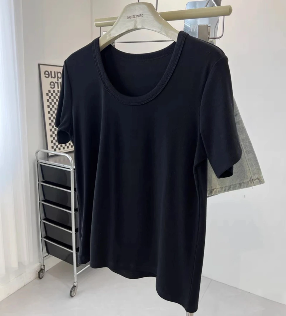 短袖t恤女夏季正肩宽松休闲百搭短款纯色打底上衣 1905