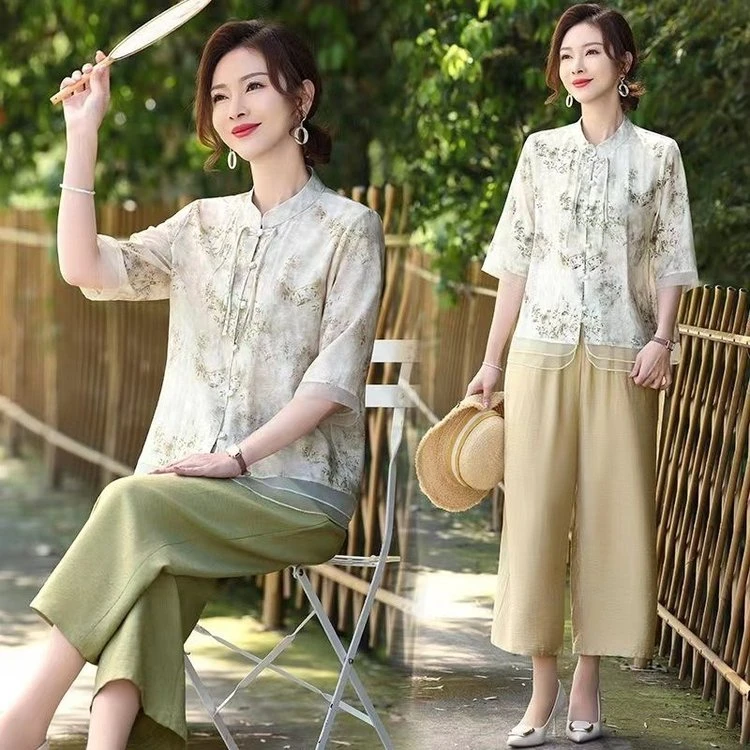 夏季民族风宽松套装中式中国风显瘦小衫洋气文艺复古母亲节服装