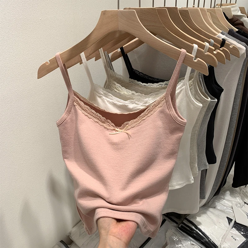 2024春夏新款纯欲法式蝴蝶结蕾丝边吊带背心女带胸垫修身显瘦内搭