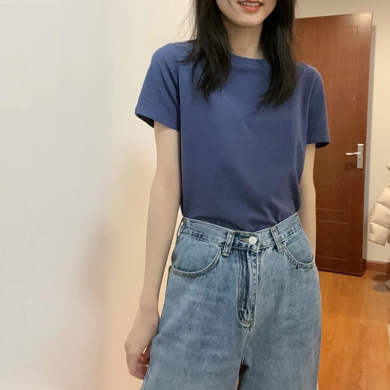 2024年新款纯色宽松正肩基础短袖t恤女纯色夏打底衫棉质半袖上衣