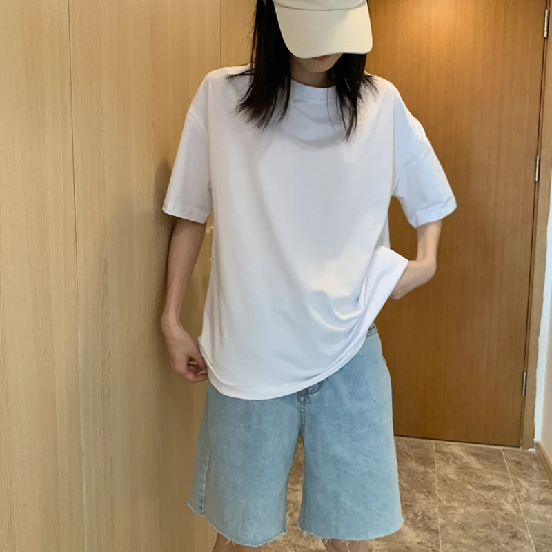 棉质纯色短袖女2024夏季韩版宽松简约半袖体恤学生ins上衣常规t恤