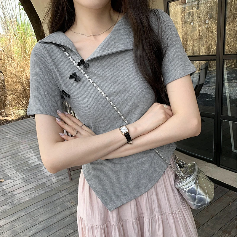 韩系翻领不规则蝴蝶结正肩短袖女夏季2024新款显瘦小香风上衣