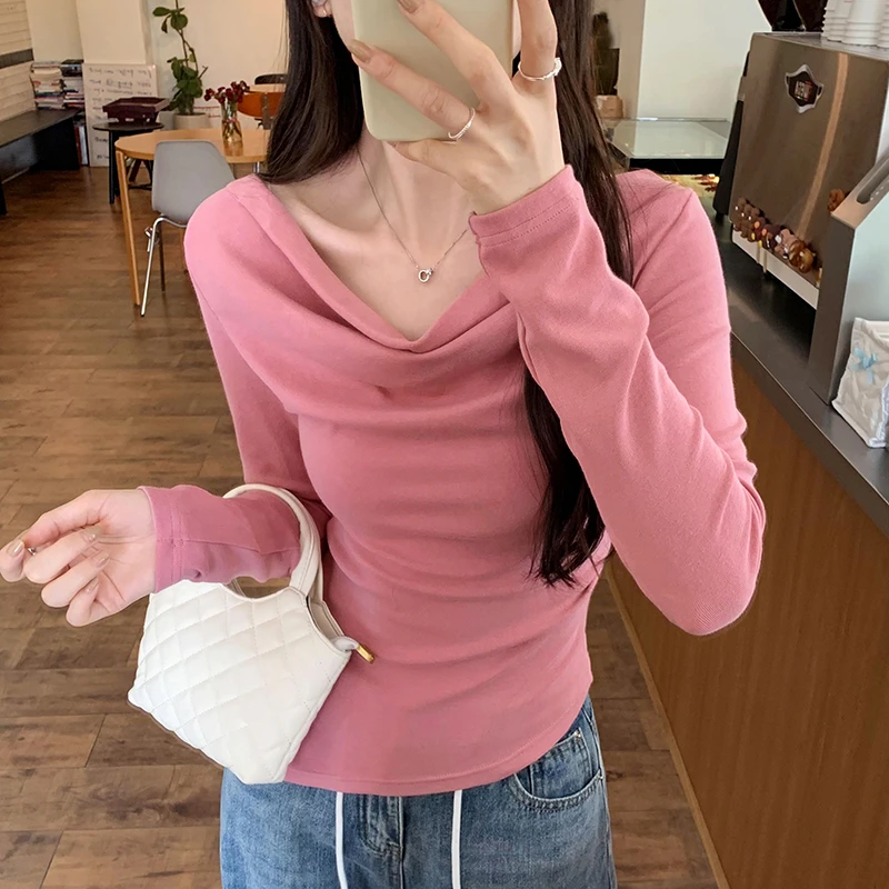 修身内搭打底T恤女荡领露肩不规则设计感性感韩系上衣女春秋显瘦