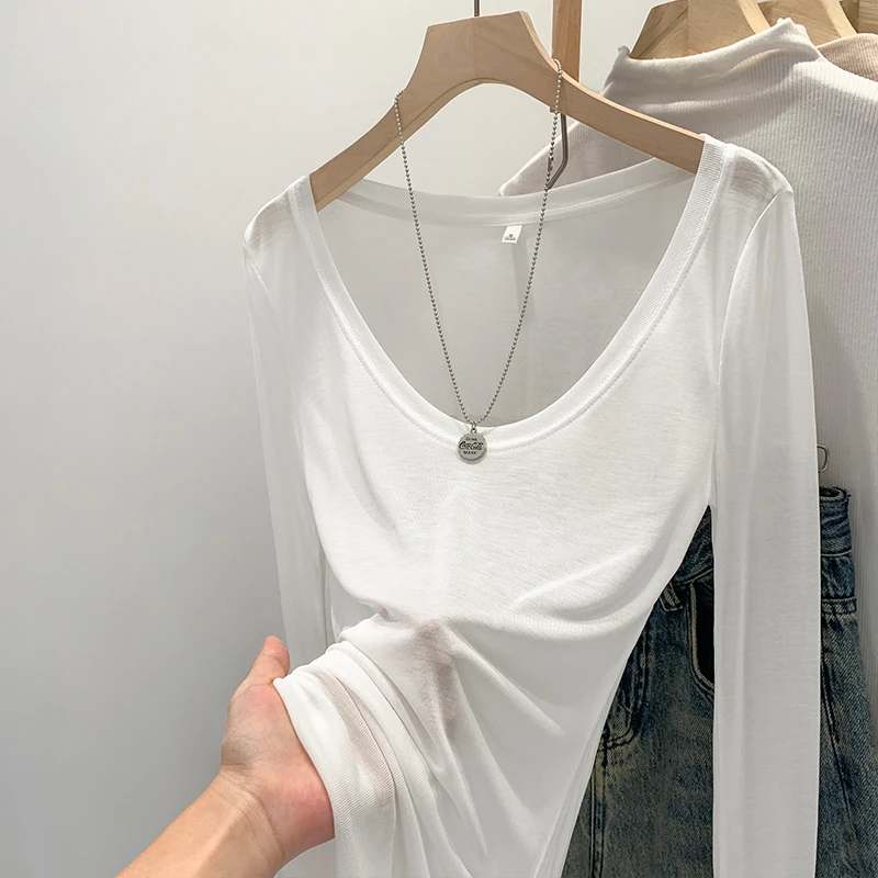 早秋新款内搭上衣天丝亲肤薄款微透修身纯欲辣妹u领防晒罩衫T恤女