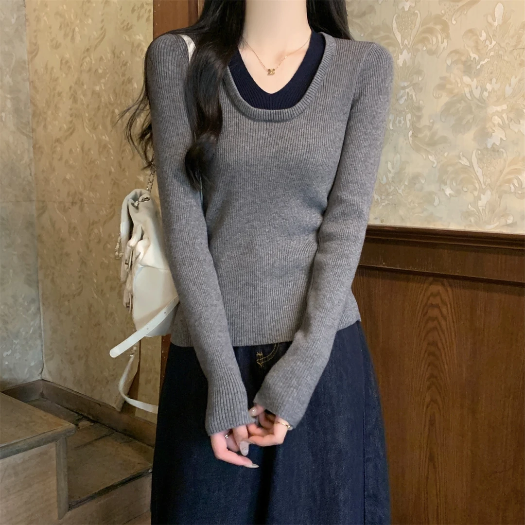 韩版修身撞色假两件秋冬安迪绒针织衫长袖打底毛衣上衣