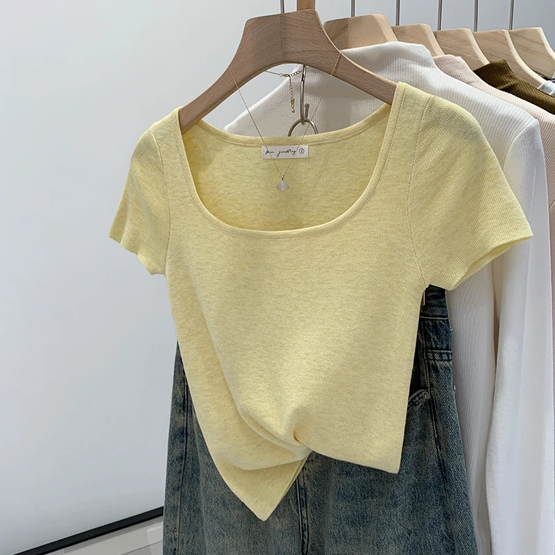 方领短袖针织衫女基础款百搭夏季2024新款小个子短款正肩气质上衣