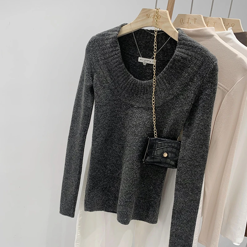2024秋季新款U领针织衫女修身显瘦套头毛衣内搭基础打底衫上衣