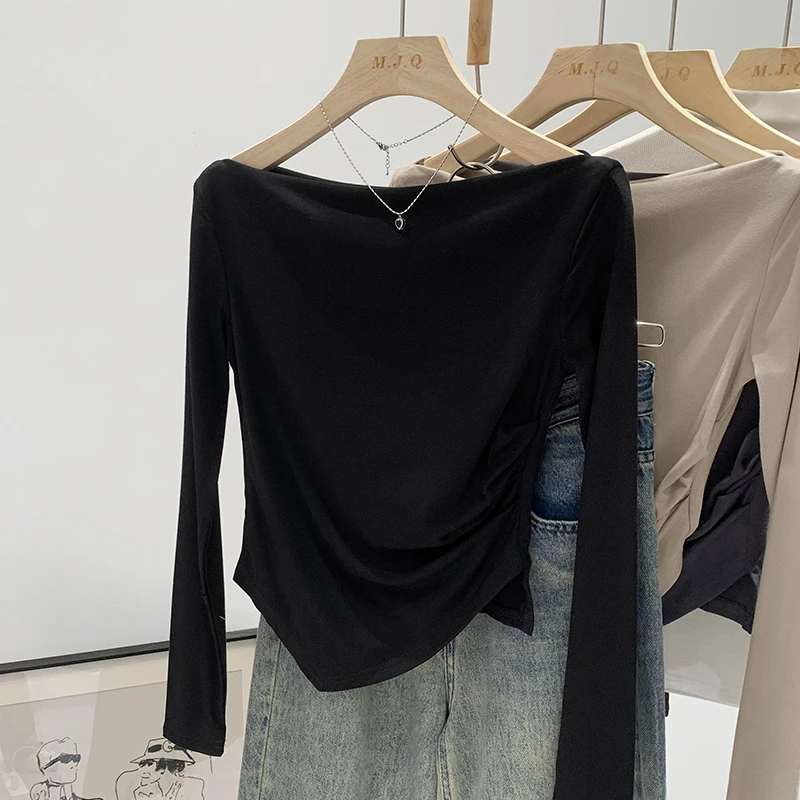 时尚气质针织一字肩长袖褶皱开叉收腰修身弹力不规则T恤女上衣