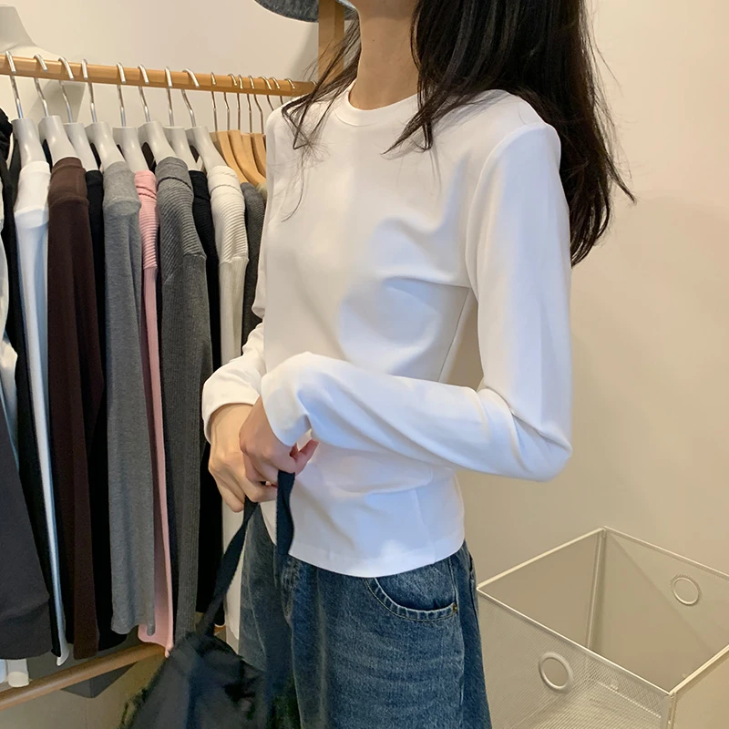 正肩长袖圆领t恤女秋冬2025年新款棉质修身低圆领重磅基础款上衣