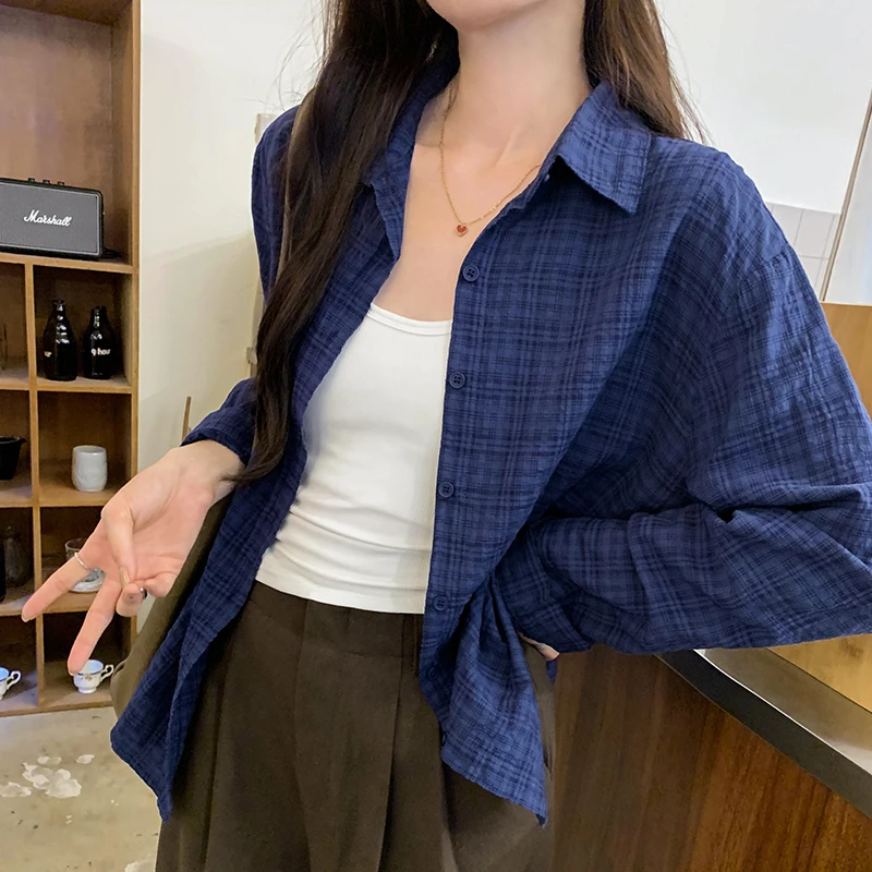 复古慵懒风松弛感法式蓝色格纹宽松百搭衬衫格子衬衣女