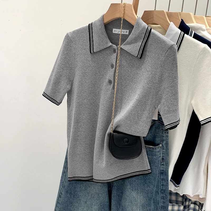 条纹边韩系学院运动风翻领短袖T恤上衣女夏季气质POLO衫