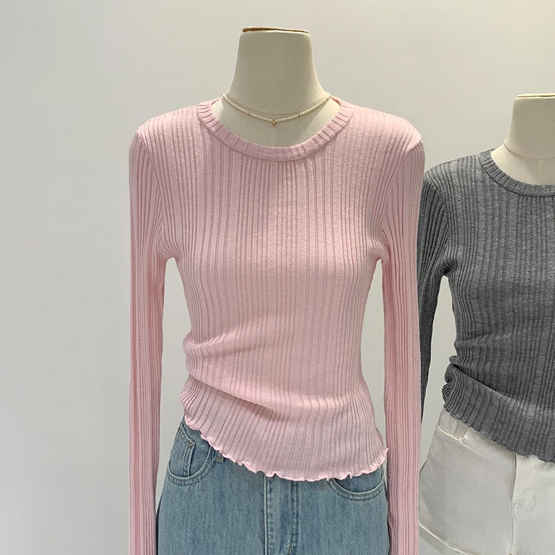 早秋新款韩系木耳边甜美长袖内搭打底针织衫女减龄高级感上衣
